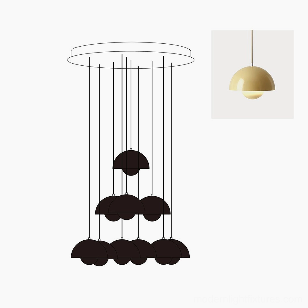 Modern multi-head dome pendant chandelier showing complete lighting fixture design and dimensions
