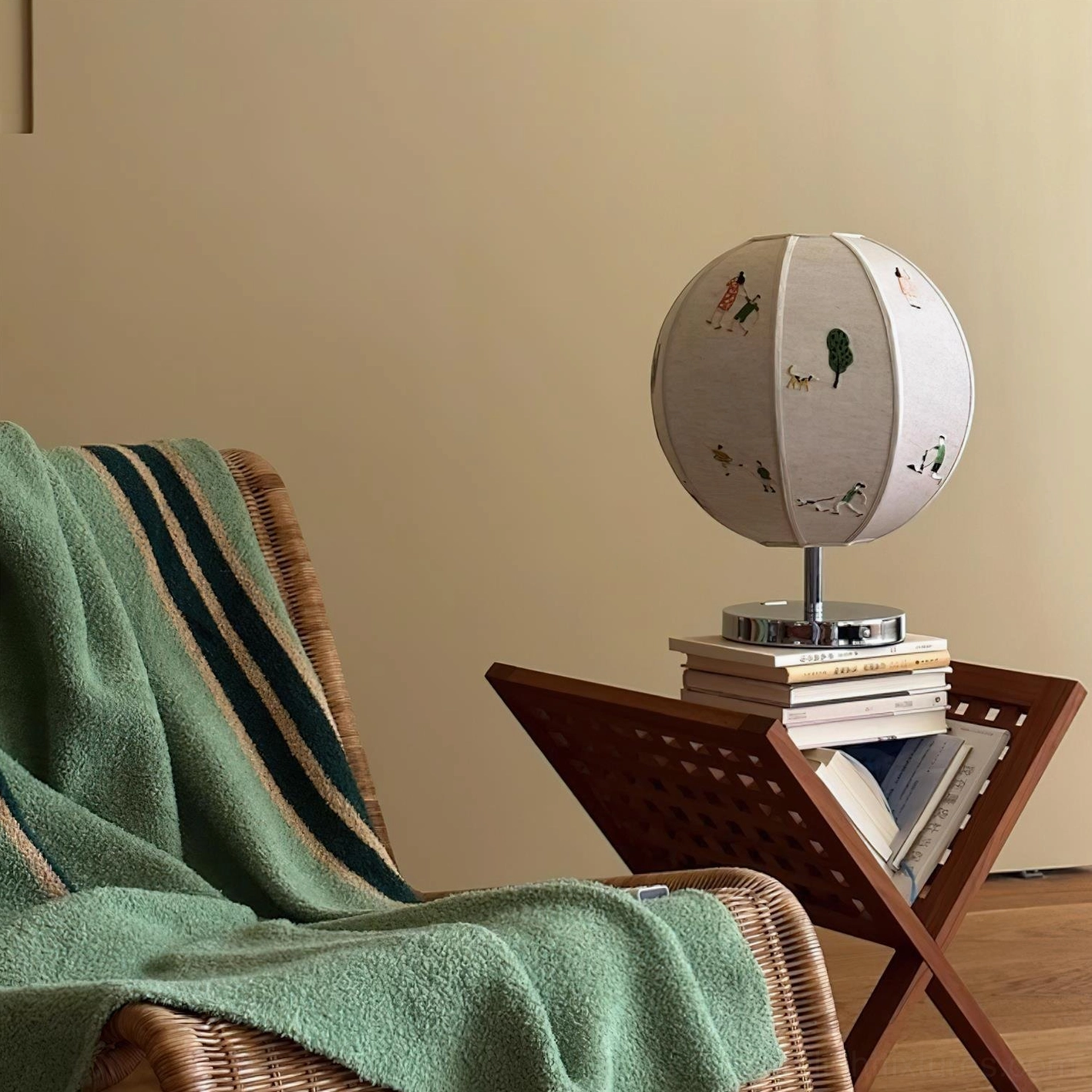 Complete embroidered narrative table lamp with linen shade, chrome base, and 59-inch cord, multiple international plug options
