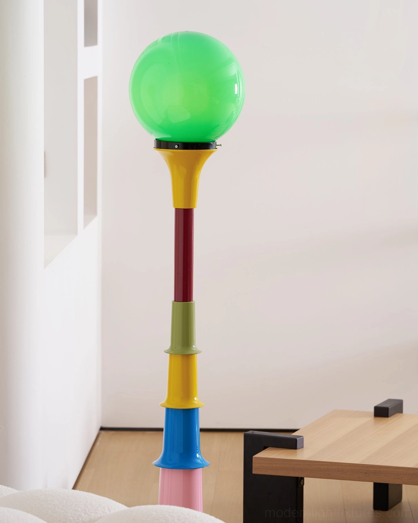 Colorful segmented floor lamp complete assembly view with foot switch and cord