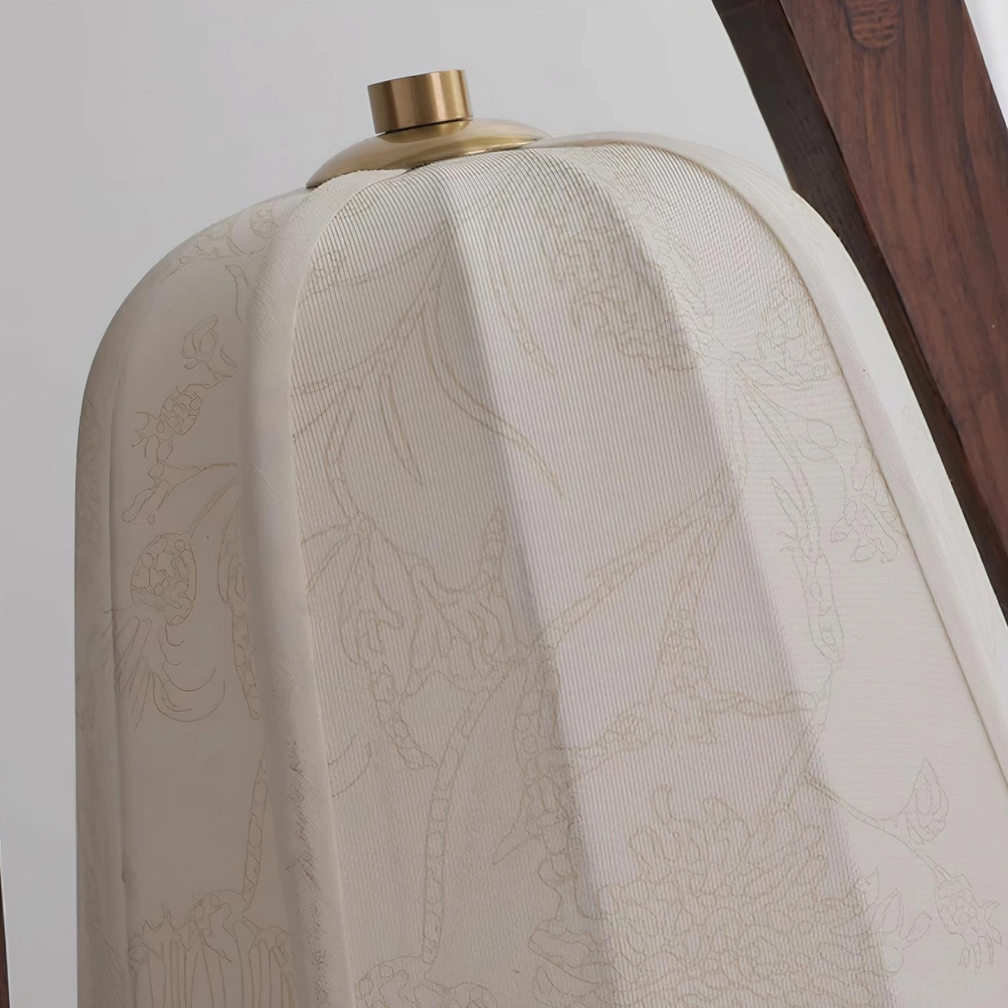 Scandinavian wooden table lamp complete product view with fabric shade and wooden frame, modern lighting solution