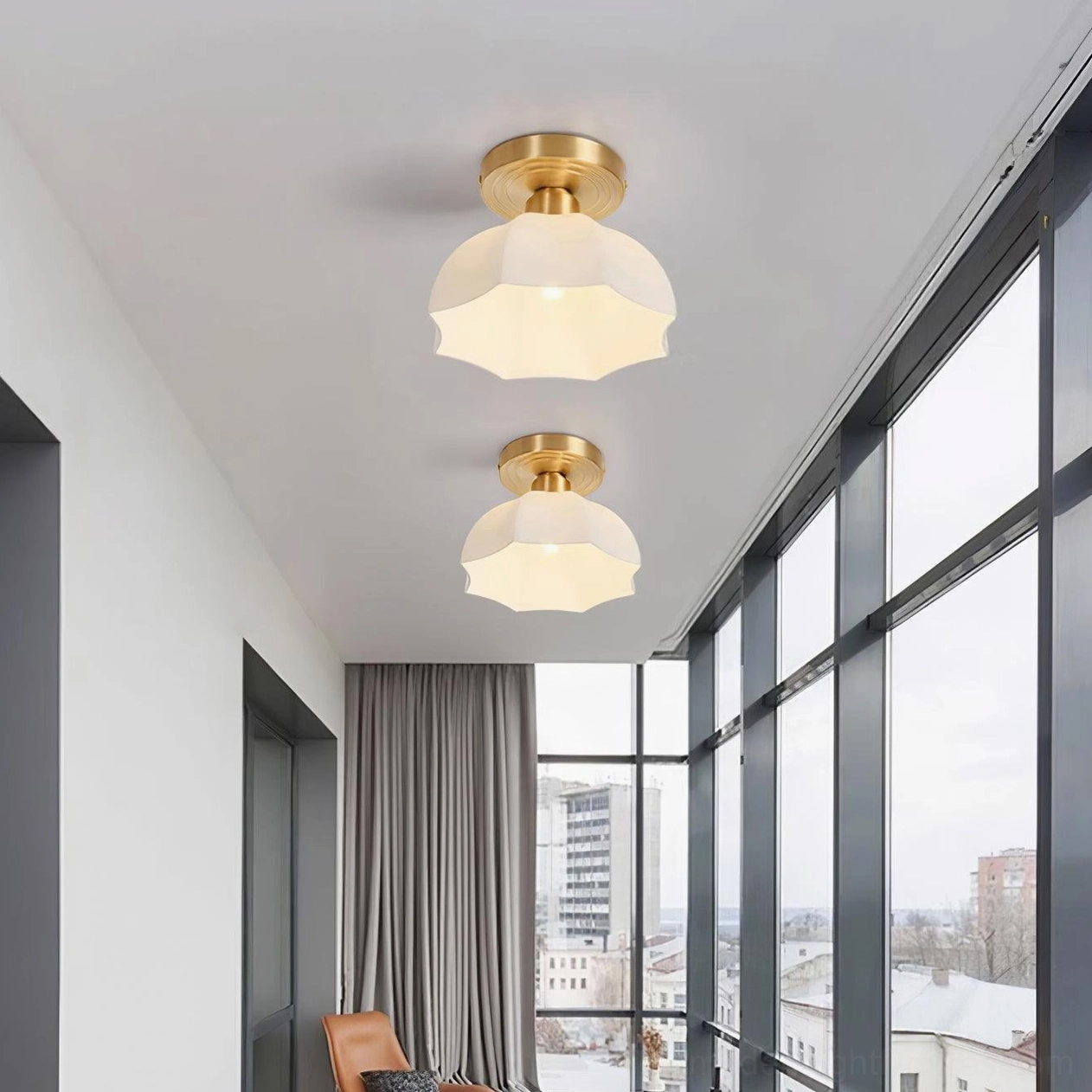 Complete semi-flush ceiling light assembly with brass hardware and frosted glass shade