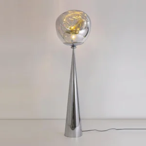 Contemporary cone floor lamp front view showcasing smoked iridescent glass shade with polished silver stand and power cable