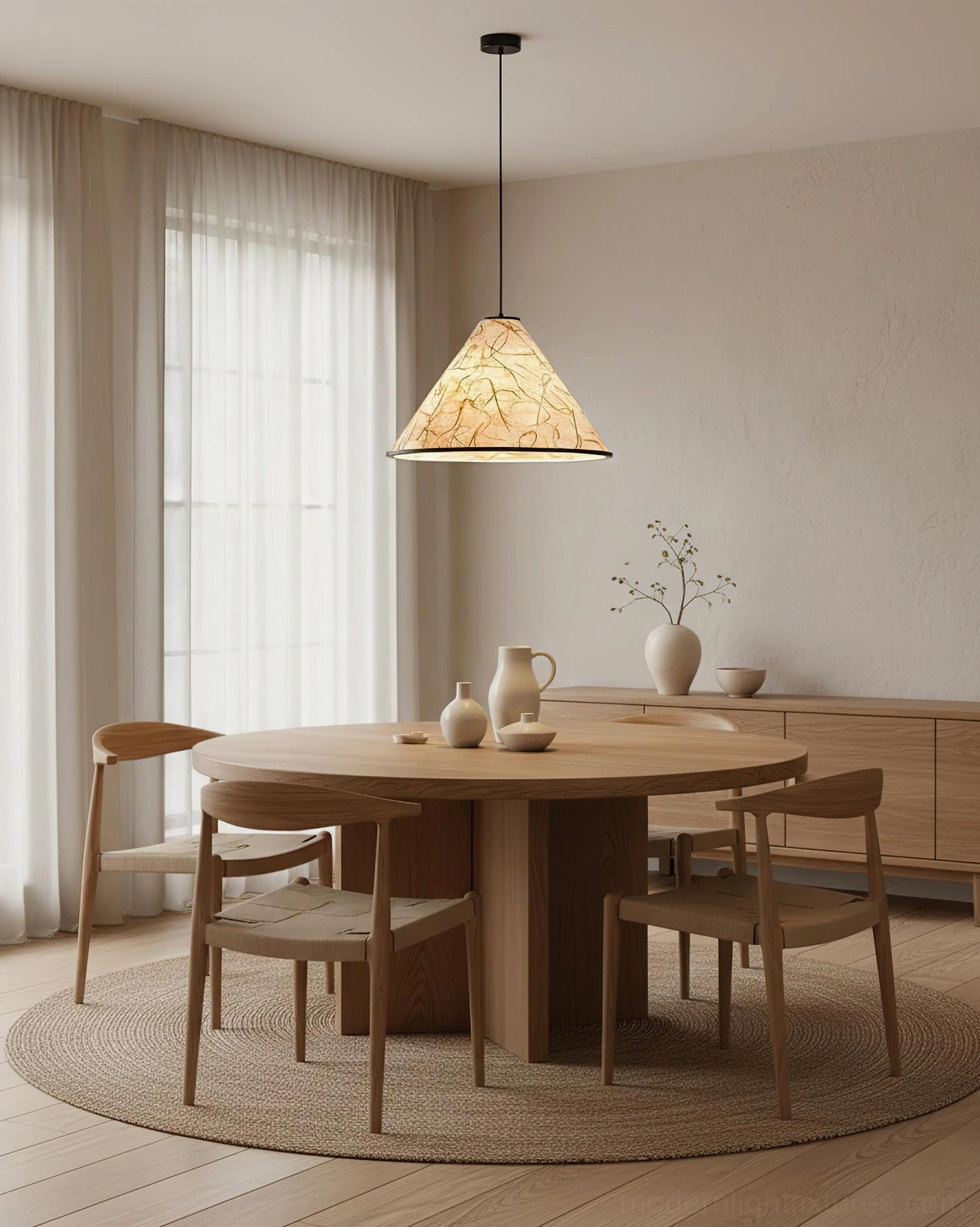 Beige rice paper cone pendant light illuminated above dining table in Japanese wooden dining space