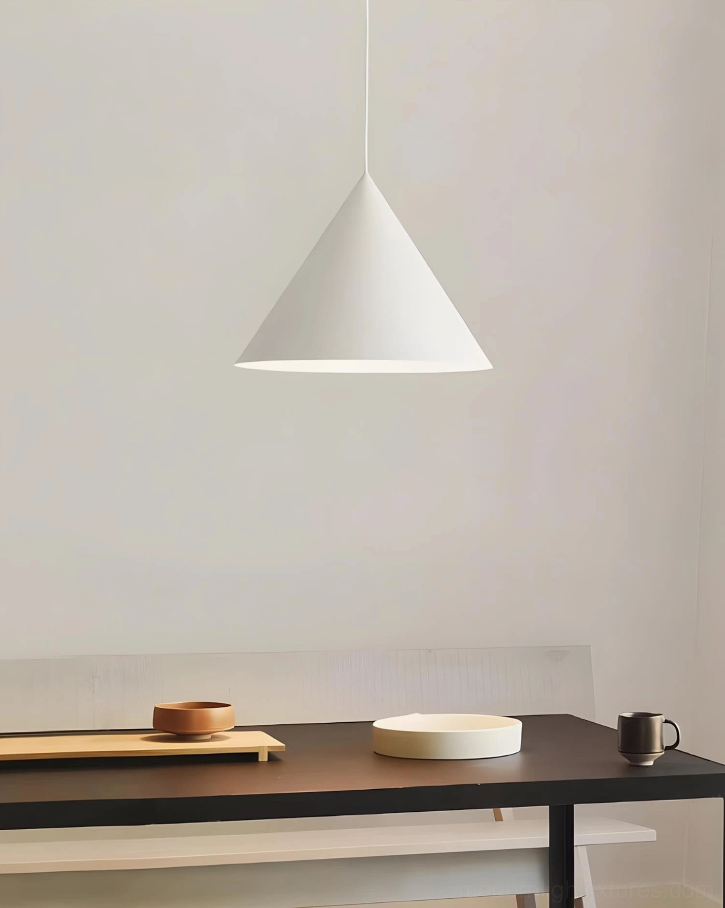 White cone pendant light suspended over dining workspace, Nordic minimalist interior design