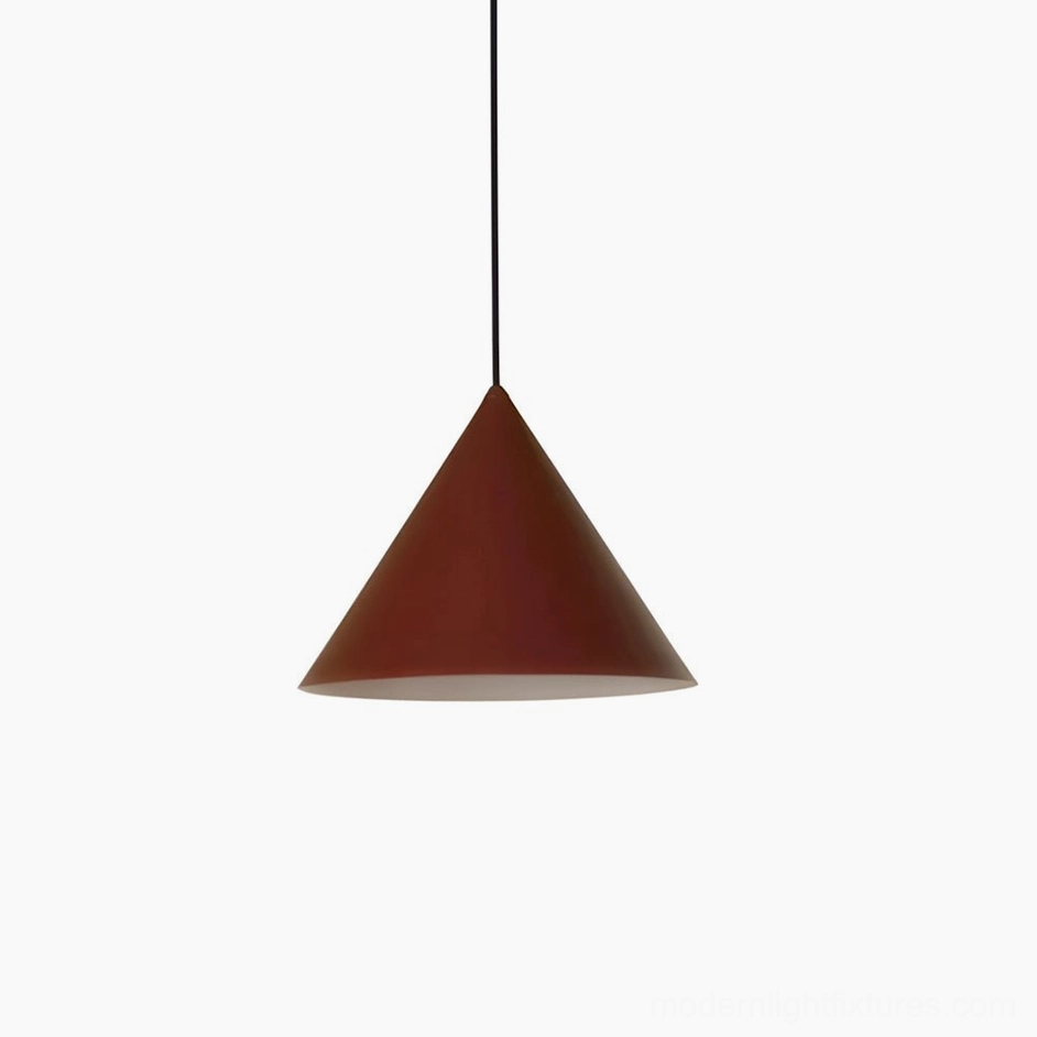 Red matte cone pendant light, sleek minimalist geometric design, studio photography