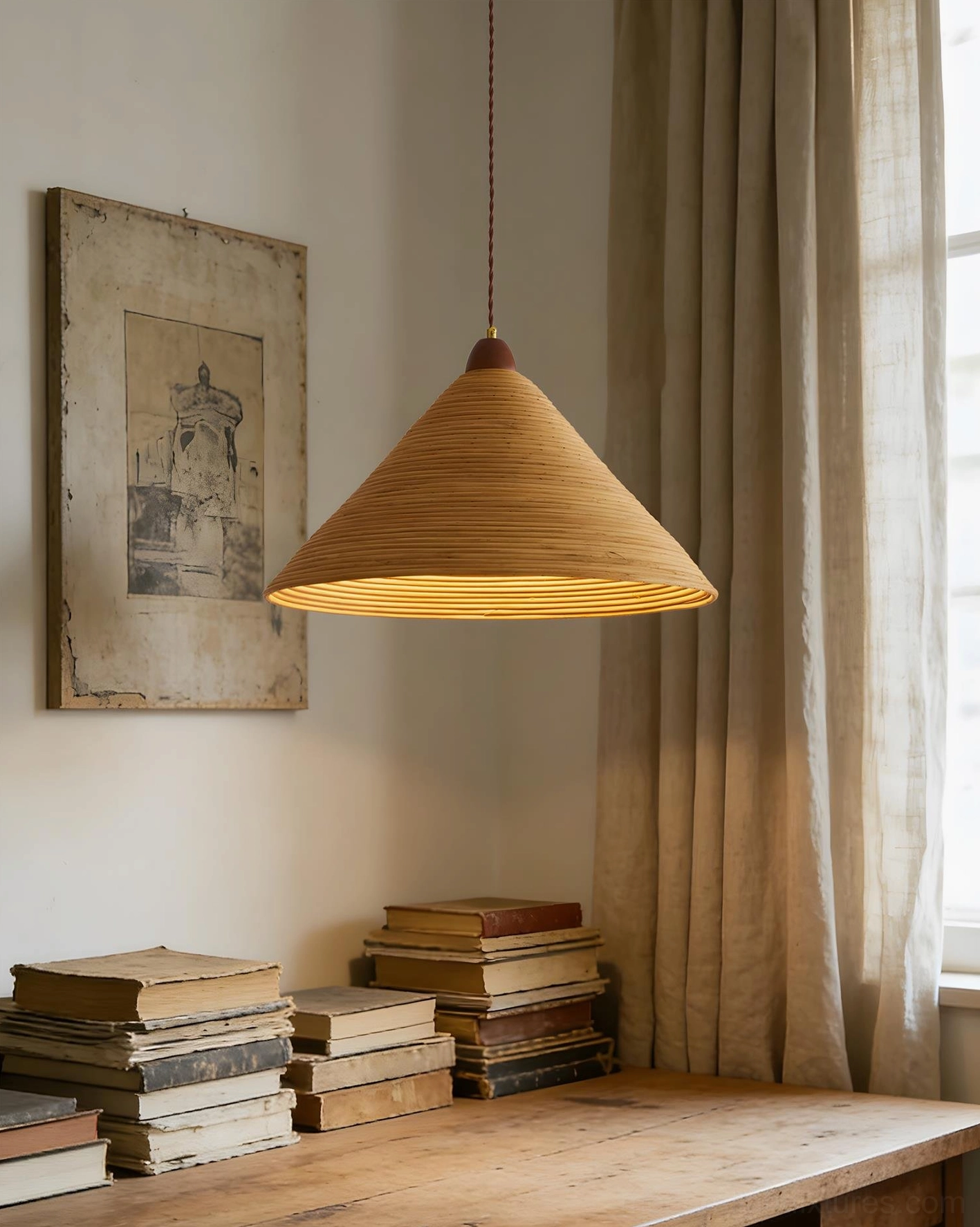 Side view of minimalist cone rattan pendant light above study desk with books and vintage wall art