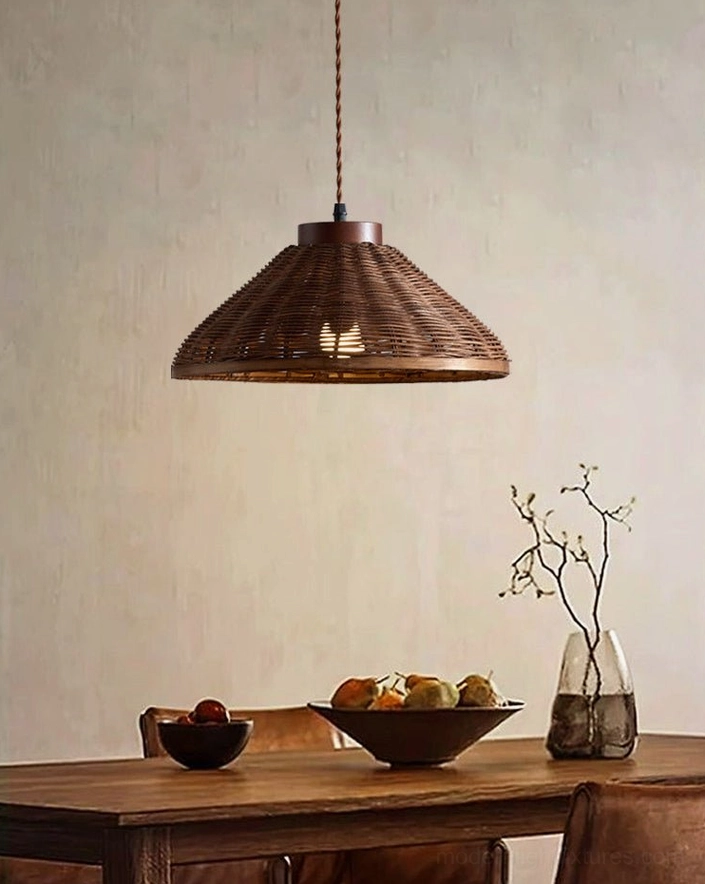 Close-up front view of woven dark walnut rattan cone pendant in formal dining room setting