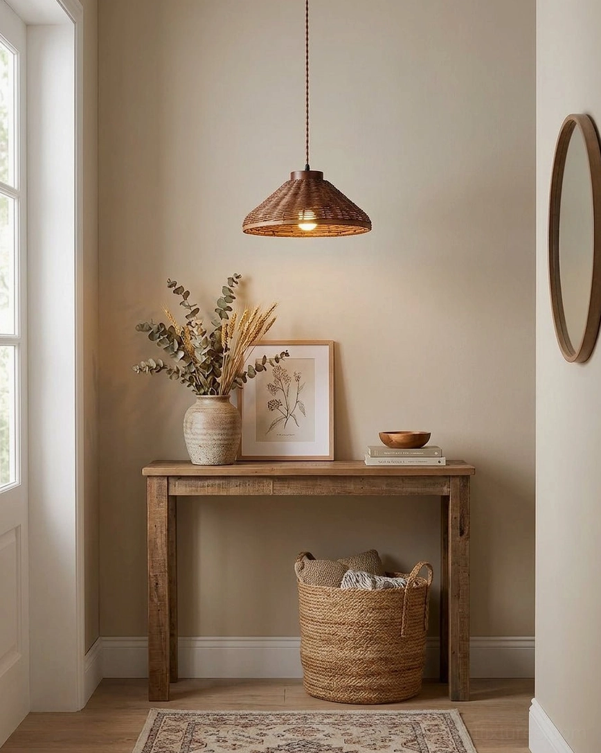 Single handwoven rattan cone pendant above console hallway entry, minimalist rustic home decor