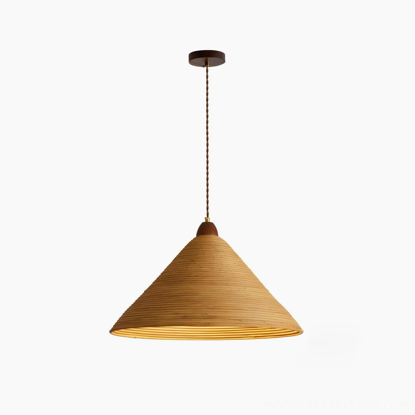 Isolated front view of walnut and natural rattan cone pendant light with twisted cord suspension
