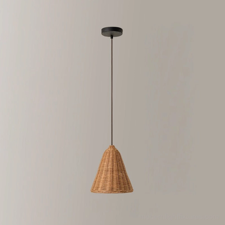 Cone-shaped hand-woven rattan pendant light, front studio shot on white background showcasing natural fiber weave texture