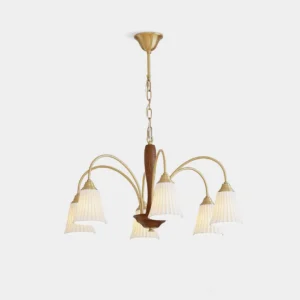 Conia multi-head pleated fabric chandelier with brass frame and walnut wood center detail overhead product photography view
