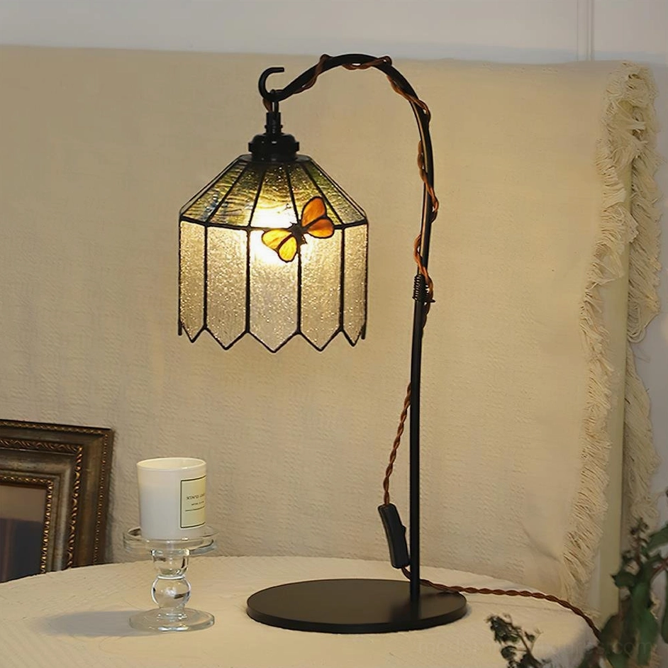 Technical line drawing of conical stained glass butterfly table lamp showing 20cm width and 52cm height specifications