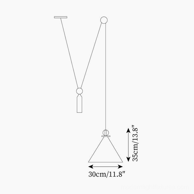 Technical design drawing of conical geometric pendant lamp model A dimensions 11.8 inches by 13.8 inches height