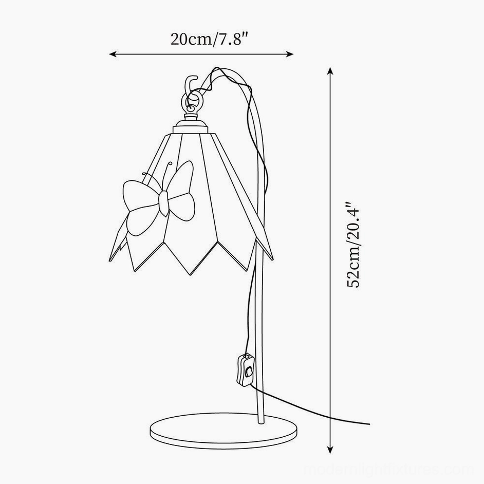 Technical line drawing of conical single butterfly stained glass table lamp showing dimensions