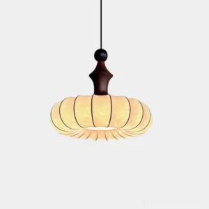 Coniko organic pendant light with white silk shade and dark wood fixture, front view on white background