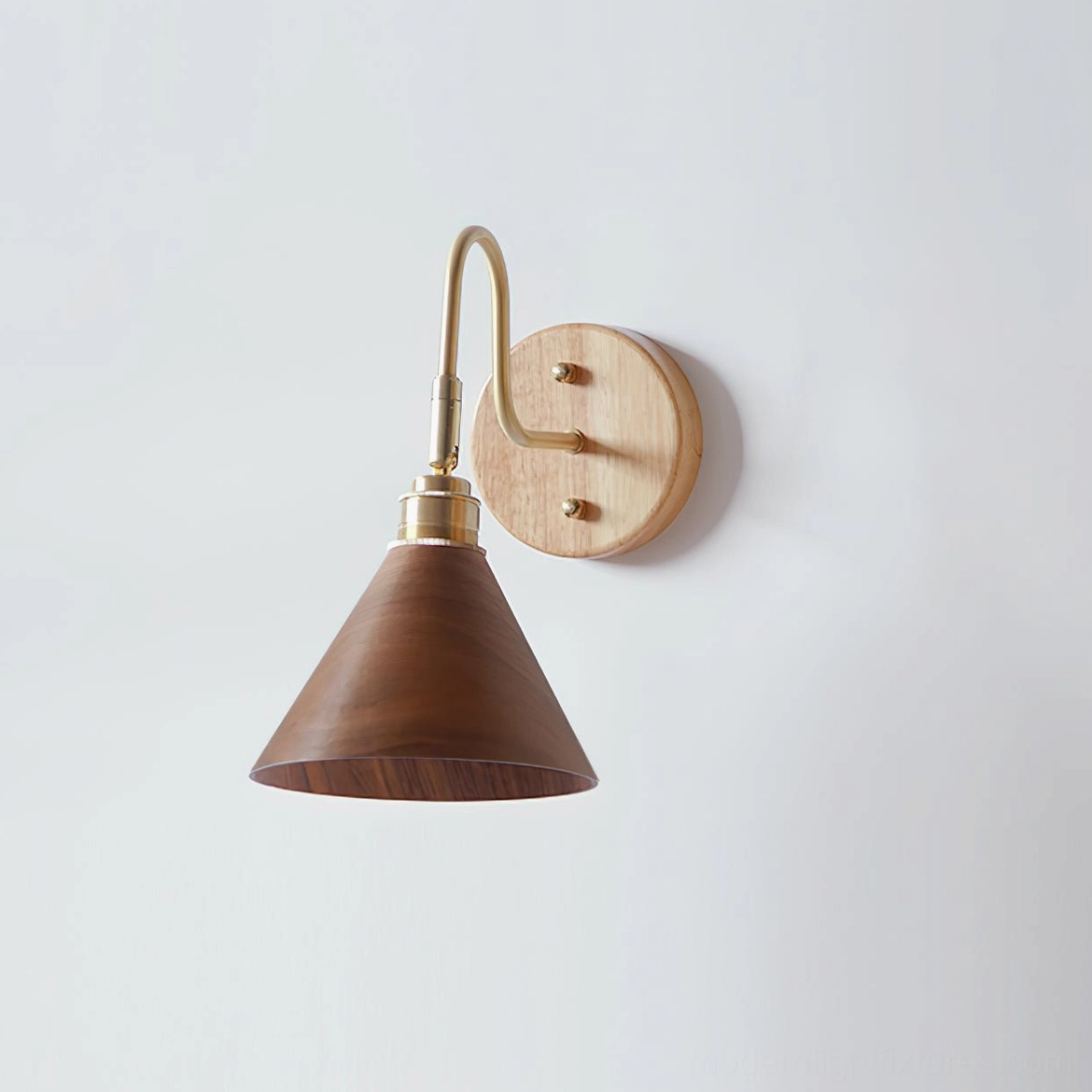 Conira Japandi wall lamp showing brass hardware and wood shade detail - flat lay side angle
