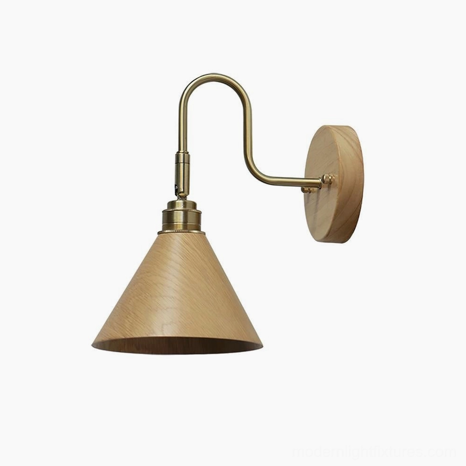 Conira warm oak finish wall sconce with brass curved arm - Scandinavian minimalist design