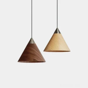 Conira wooden cone pendant light with natural wood grain shade and polished metal top accent, modern Scandinavian minimalist hanging lamp design
