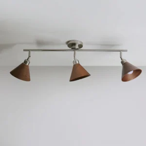 Conistra 3-head track ceiling light fixture overhead flat view showing dark brown conical lamp covers and minimalist design