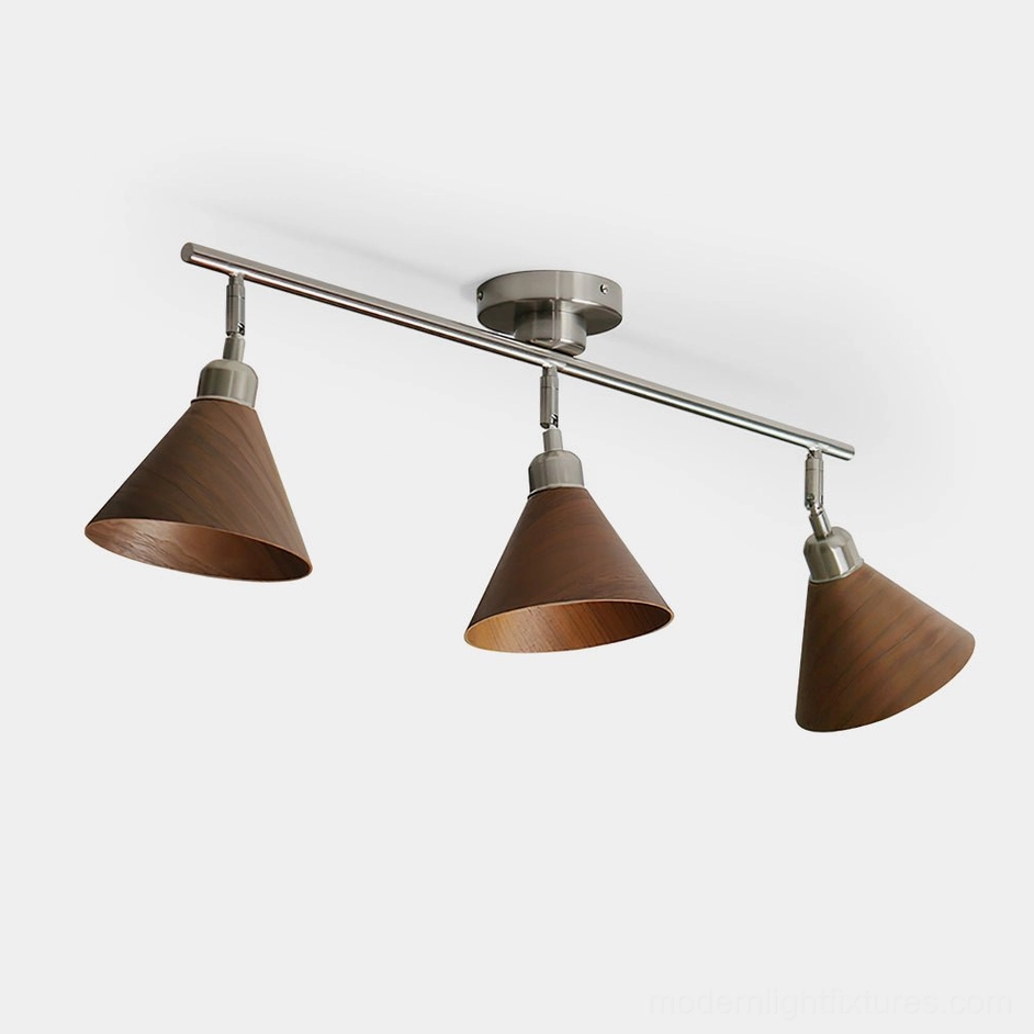 Conistra adjustable 3-light ceiling fixture with brushed nickel frame and walnut conical shades, low-angle front view