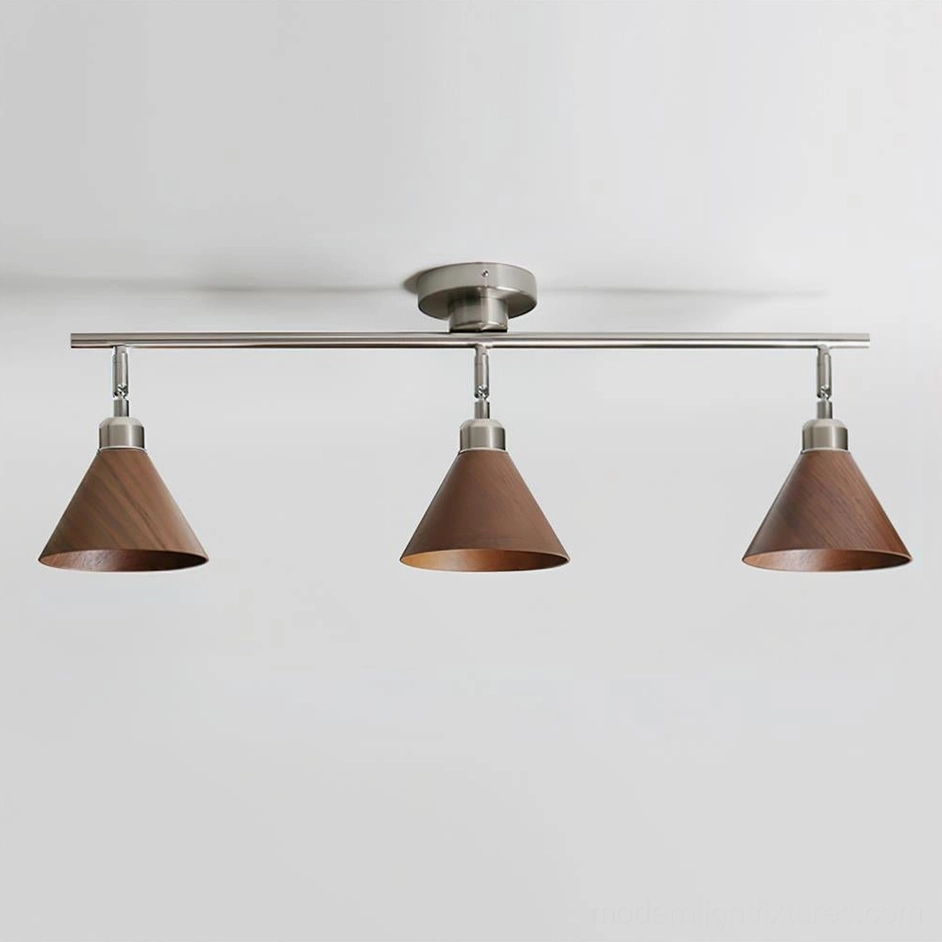 Conistra 3-light track ceiling fixture with walnut brown conical shades and brushed nickel metal mount in mid-century design