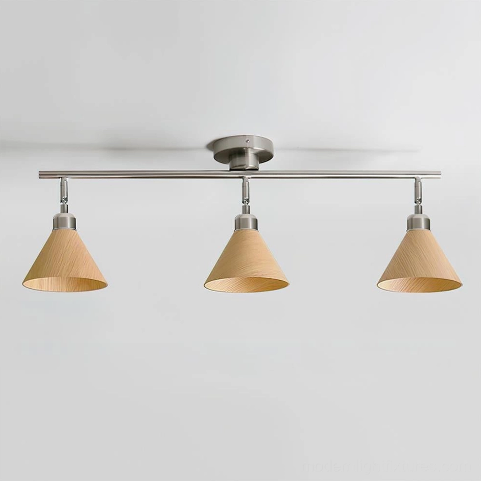 Conistra 3-light adjustable ceiling fixture with natural wood color conical shades, brushed nickel hardware in contemporary style