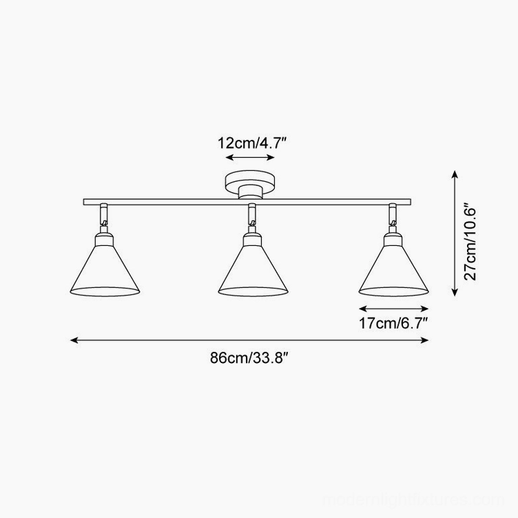 Conistra 3-light ceiling fixture technical schematic drawing showing full dimensions and product structure