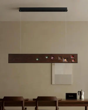 Contemporary dining room with inlaid crystal linear chandelier warm LED ambient lighting minimalist interior