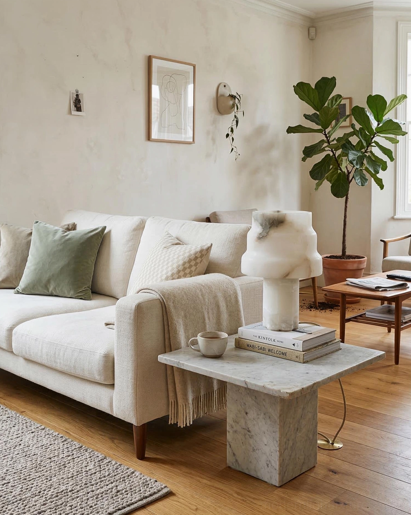 Contemporary alabaster table lamp on living room side table beside minimalist modern linen sofa
