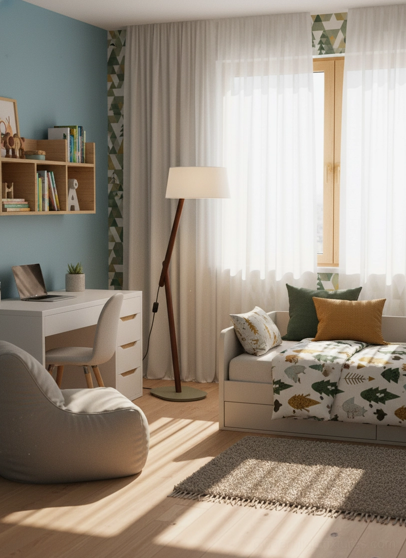 Contemporary arc floor lamp with minimalist metal frame and fabric diffuser in modern home setting