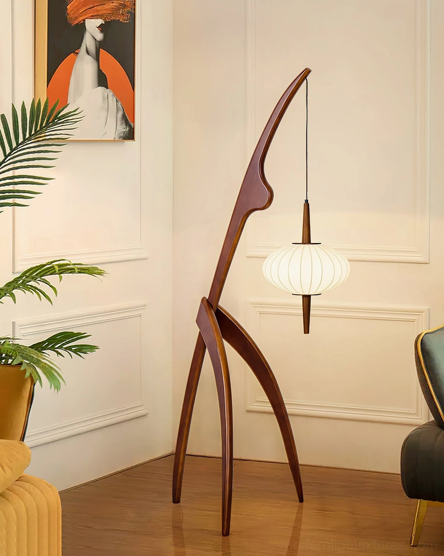 Contemporary arc floor lamp with wood frame and fabric shade modern interior lighting