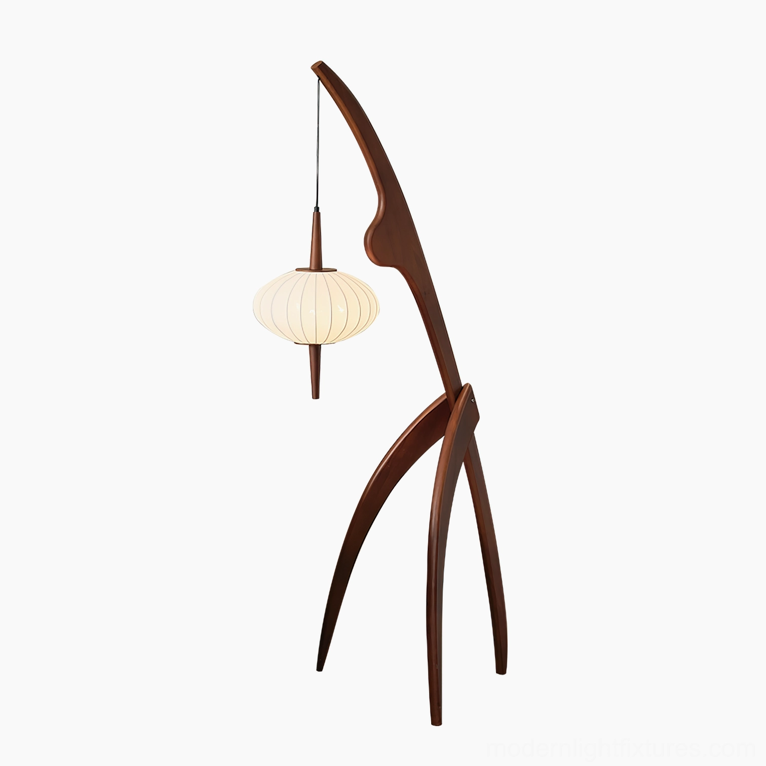 Contemporary arc floor lamp wooden construction graceful curves fabric shade