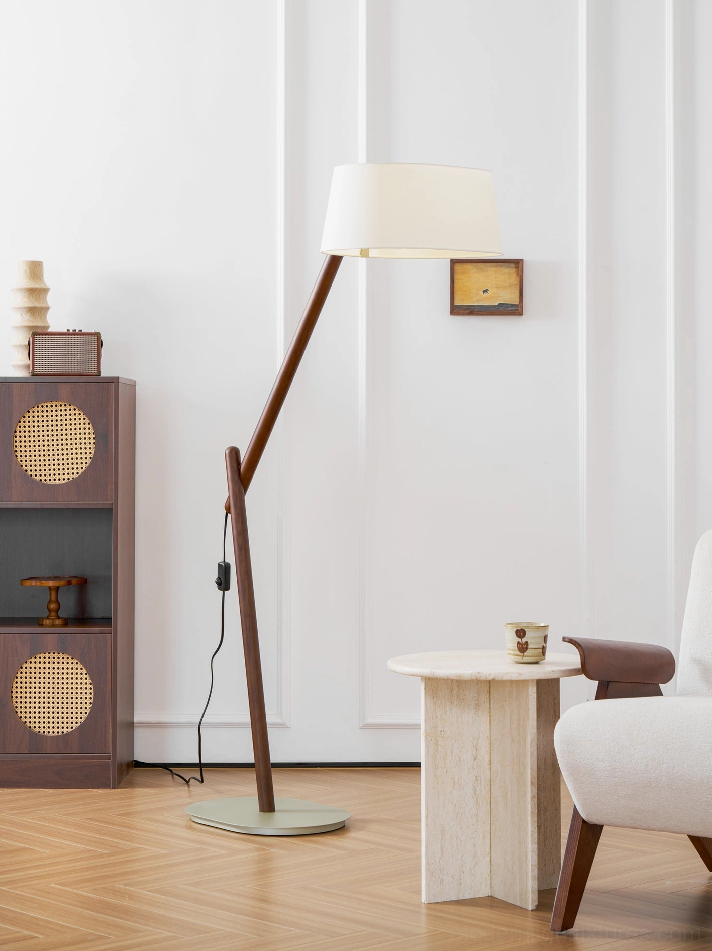 Contemporary arc floor lamp with foot switch control and extended power cord for flexible placement