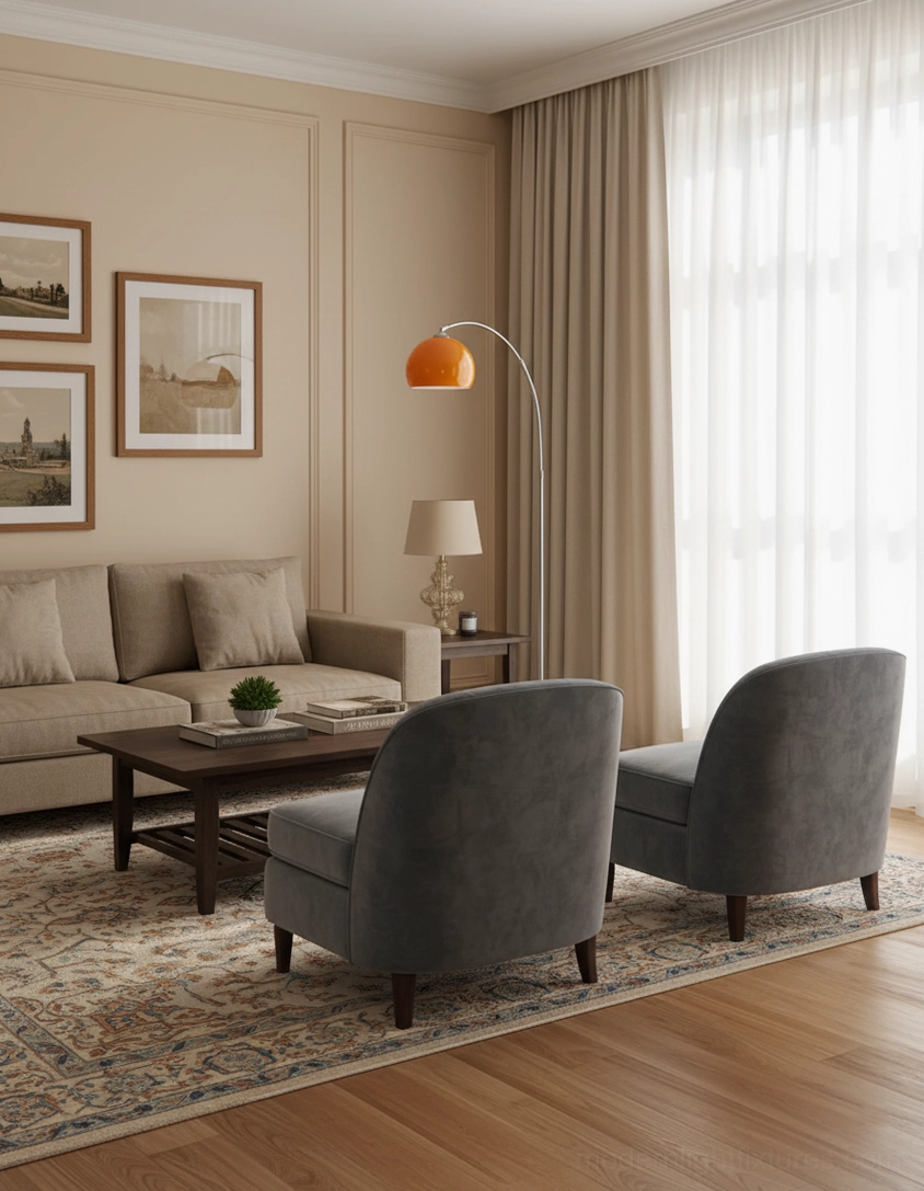 Contemporary arc floor lamp with slim silver pole and compact orange lamp shade in formal living room