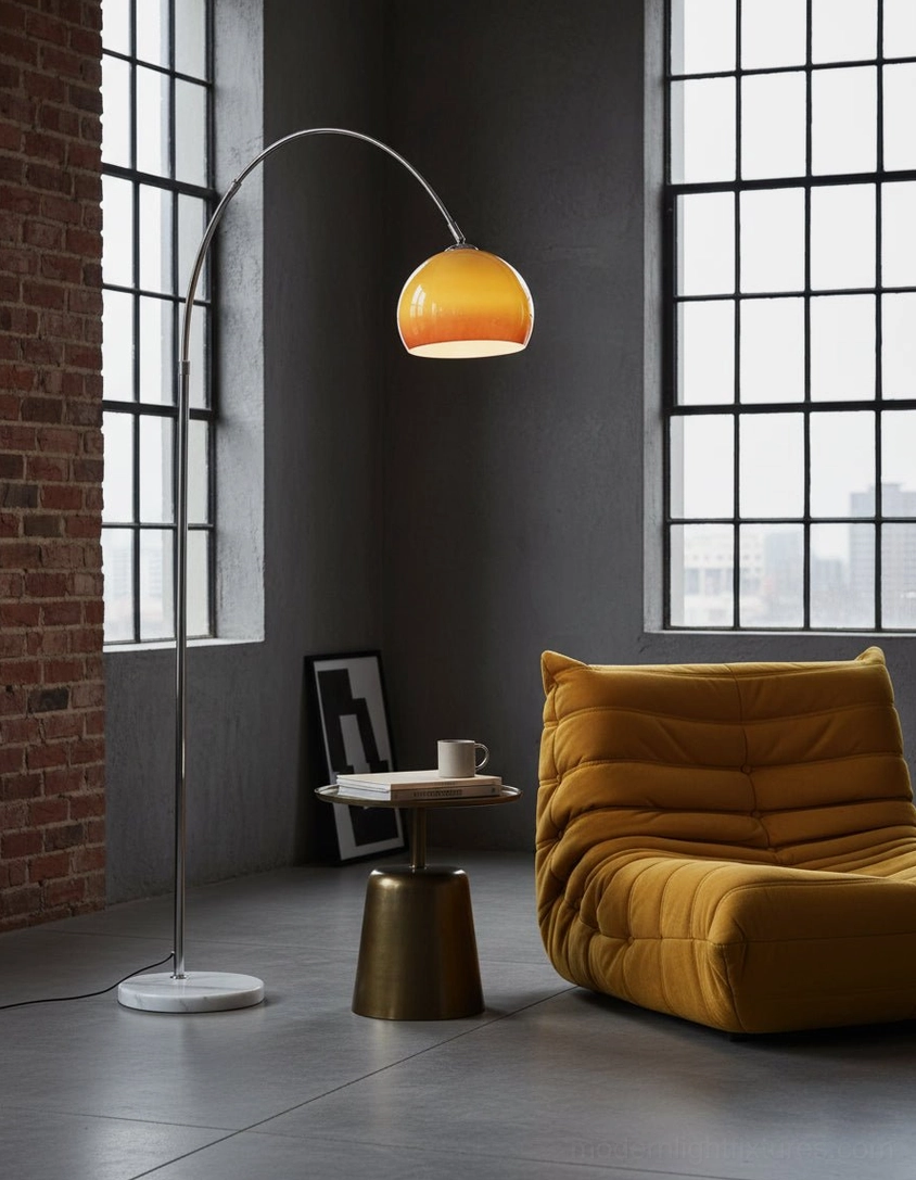 Contemporary arc floor lamp chrome orange red variant in living room corner setup