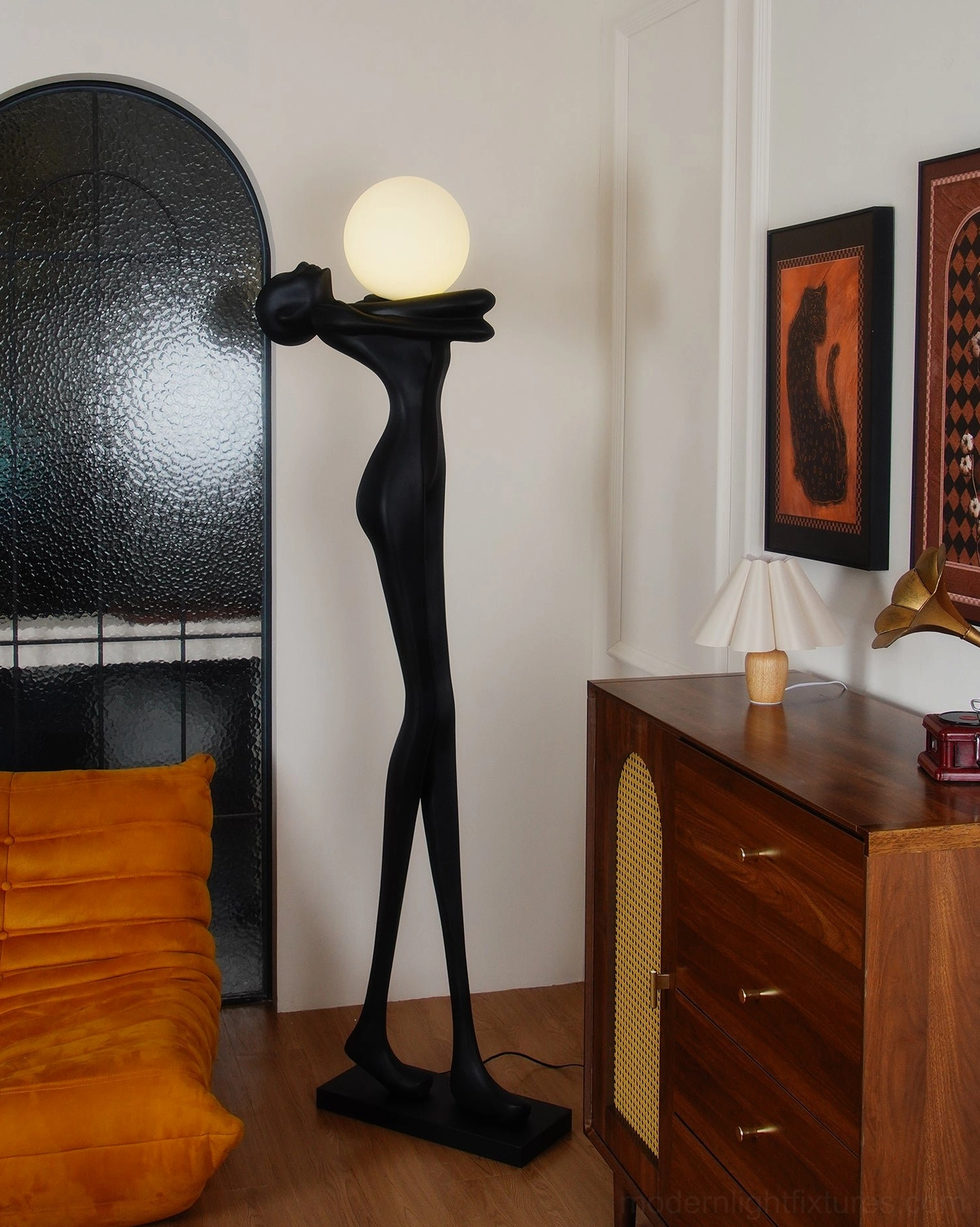 Contemporary art floor lamp sculpture, black resin body, frosted glass globe, modern home decor