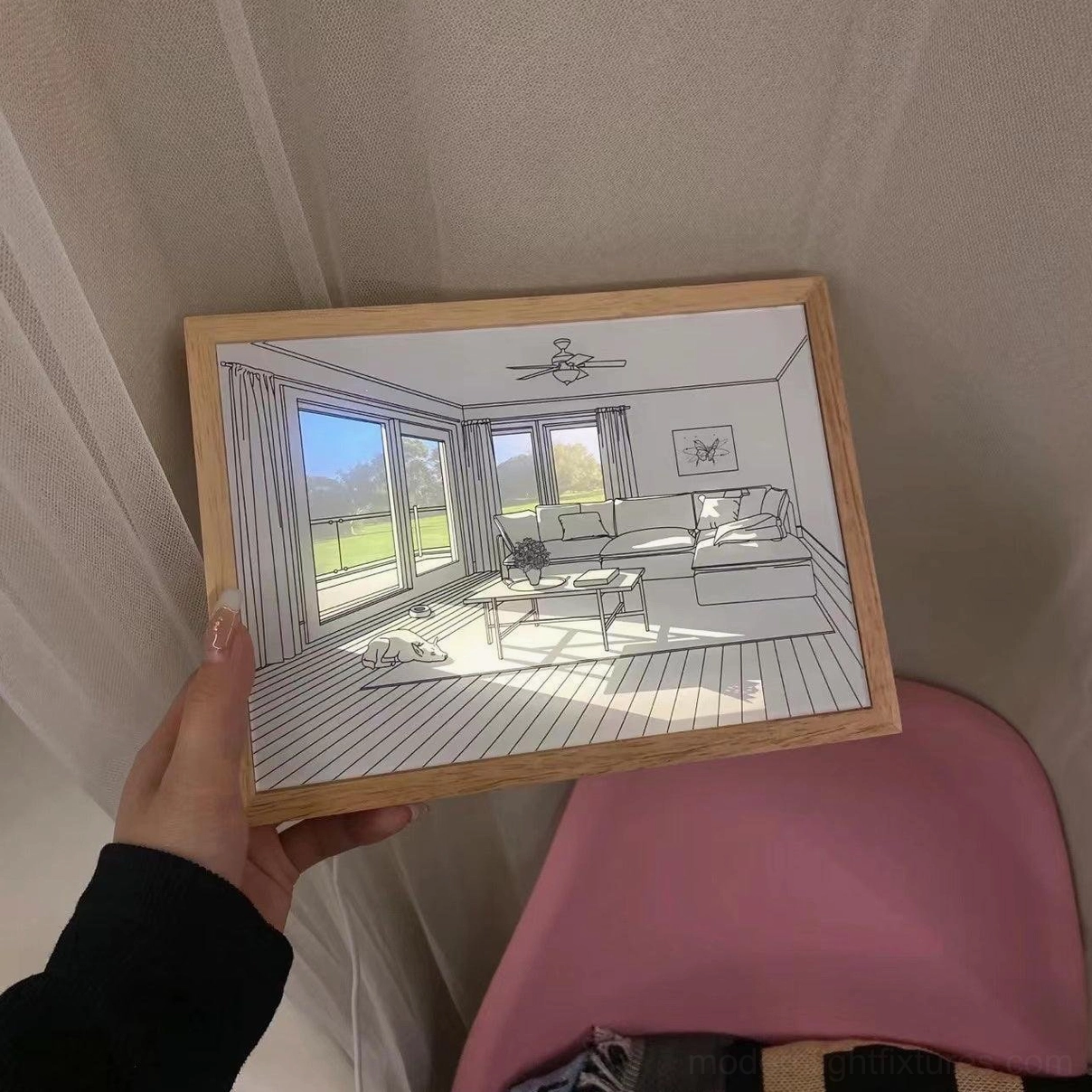 LED art light with oak wood frame creating warm ambiance in contemporary living space