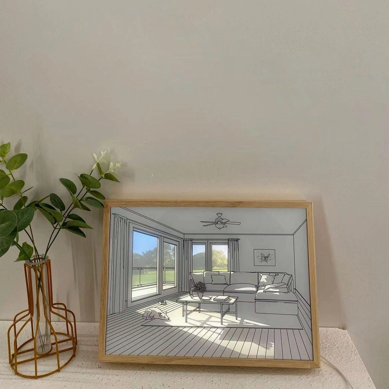 Contemporary art painting light with solid wood construction and light diffusion