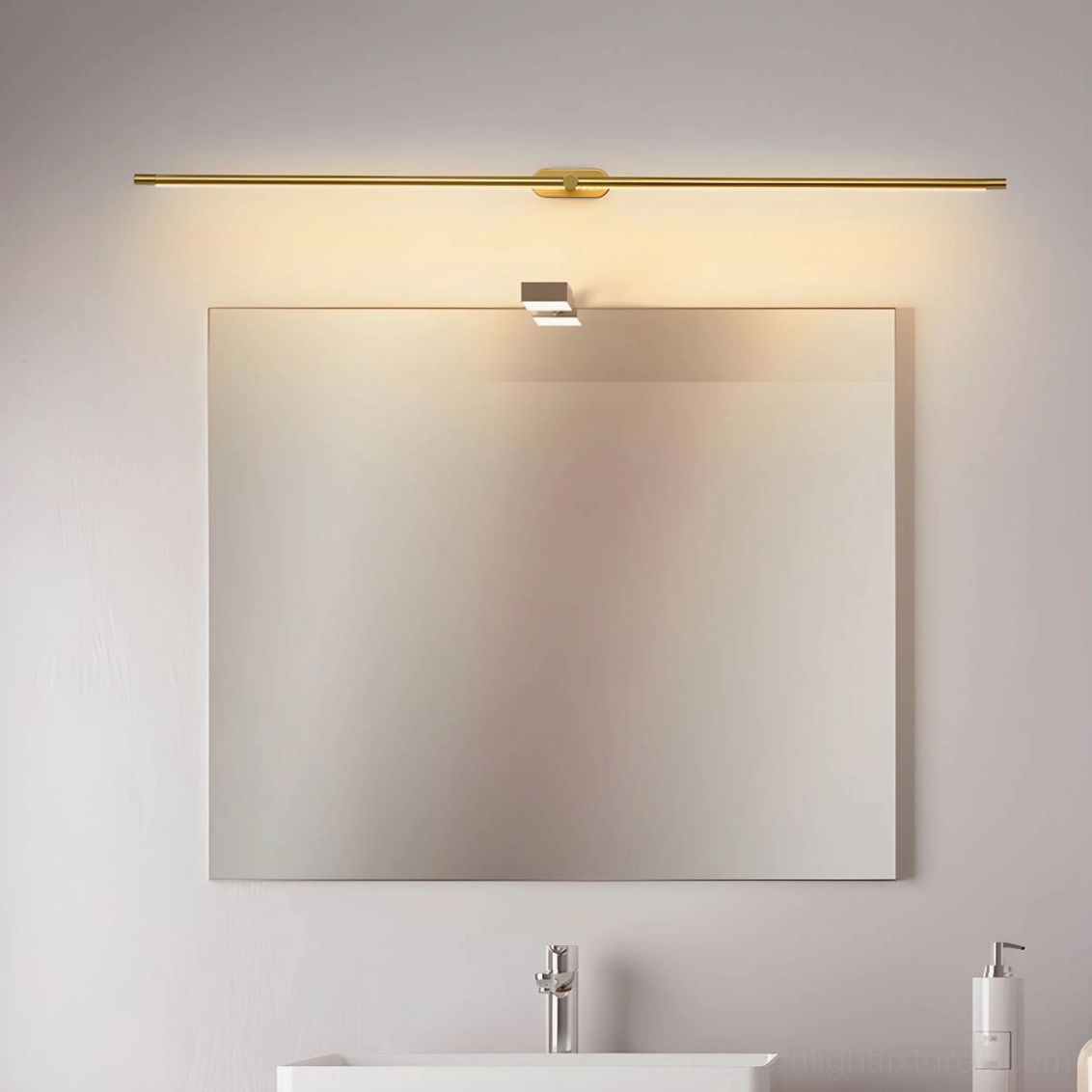 Minimalist linear wall lamp above square bathroom mirror contemporary vanity lighting fixture