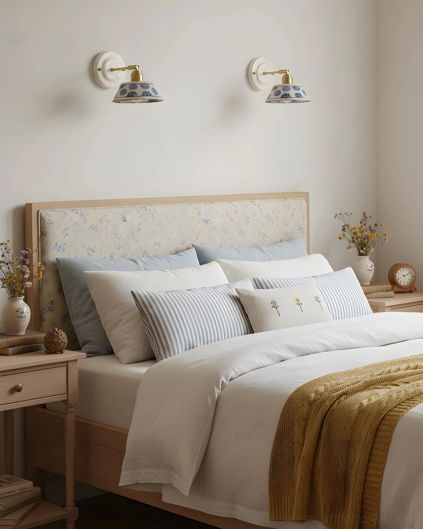 Ceramic wall lamp creating ambient lighting in contemporary bedroom interior