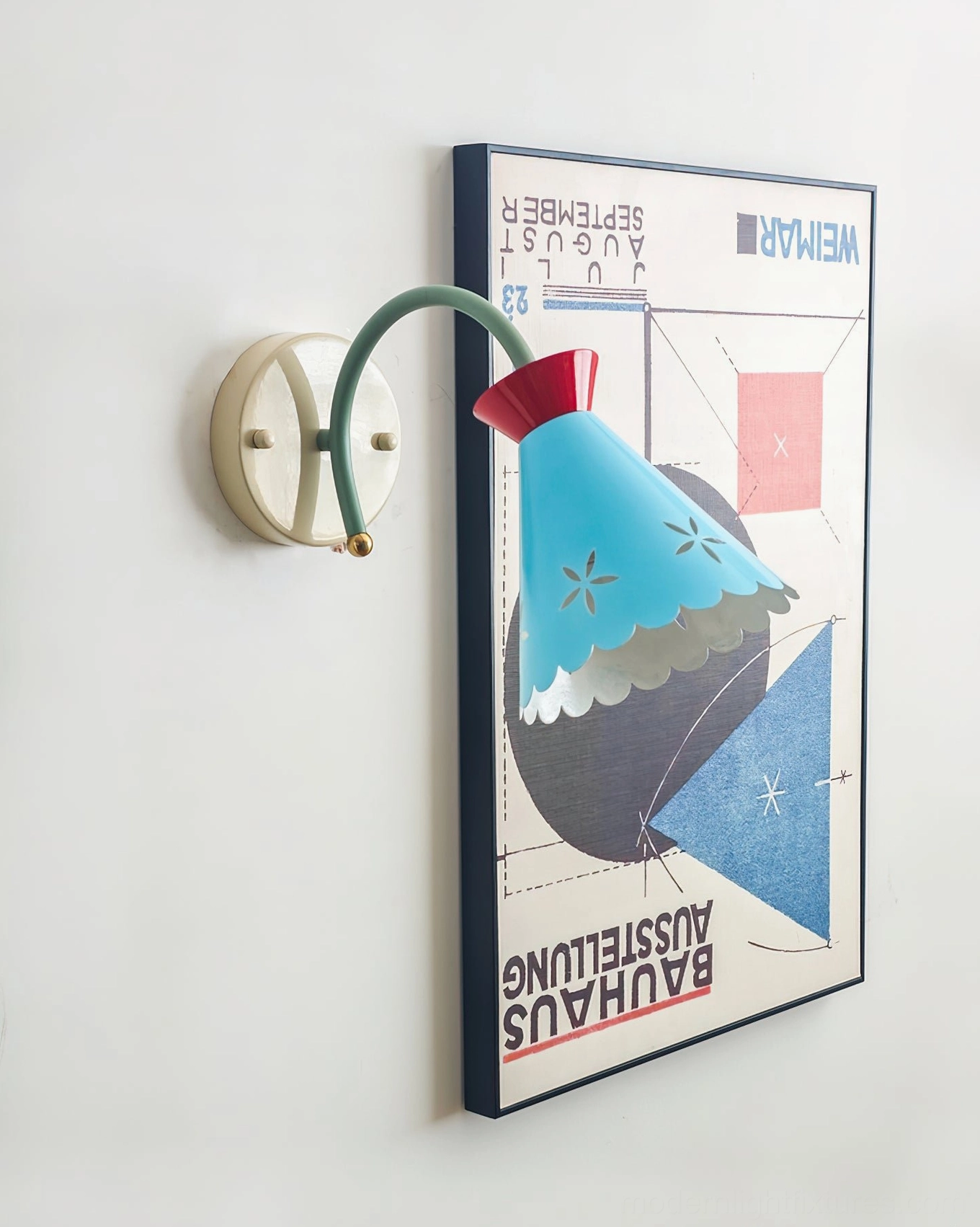 Mid-century retro pastel wall sconce in contemporary bedroom interior