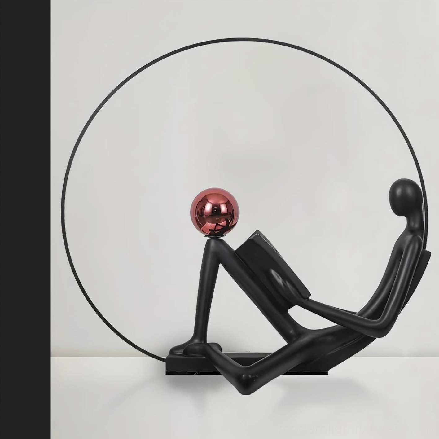 Contemporary black statue floor lamp with red accent globe, warm 3000K LED ambient lighting for reading areas