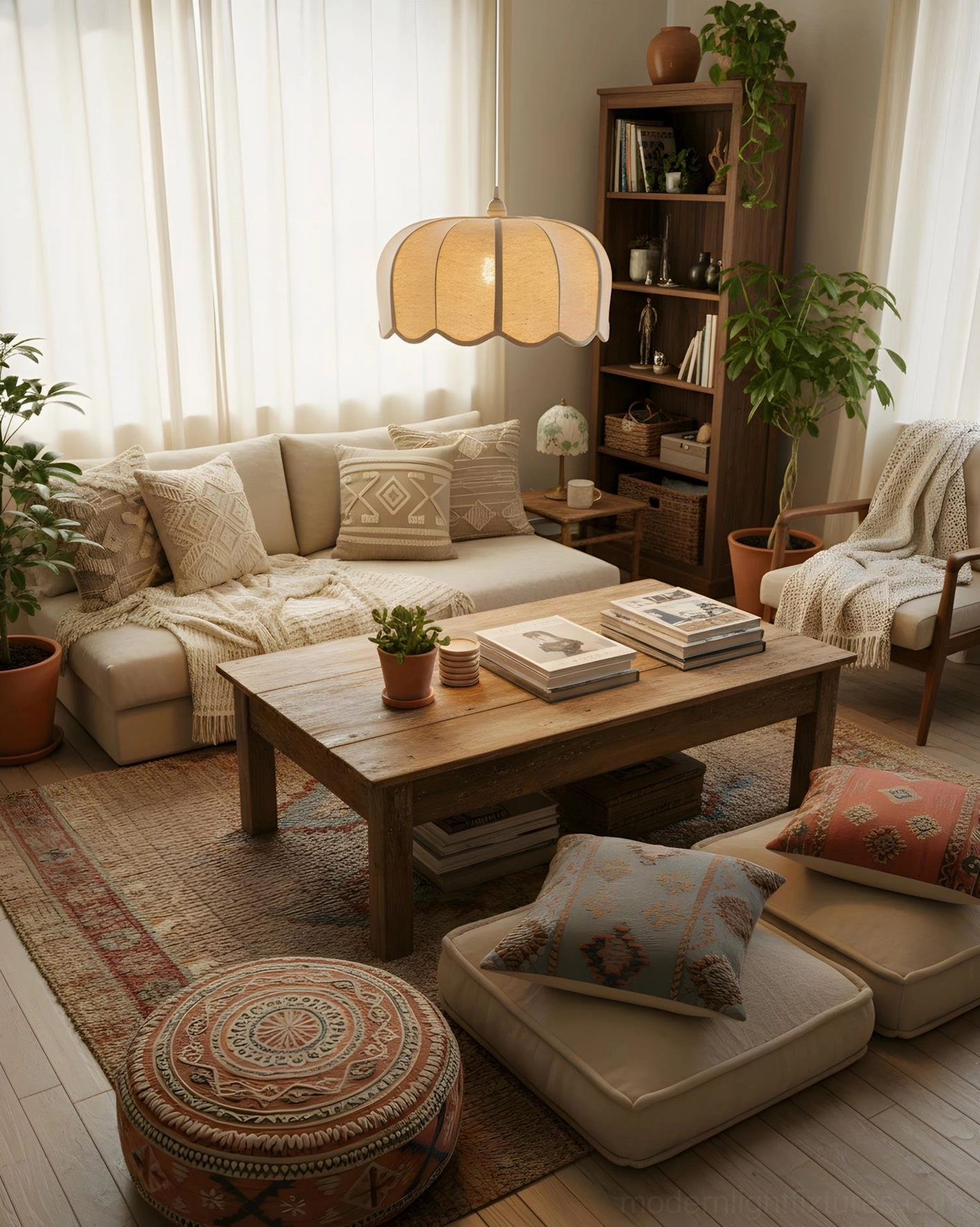 Contemporary boho pendant lamp with organic scalloped shape and warm neutral fabric shade