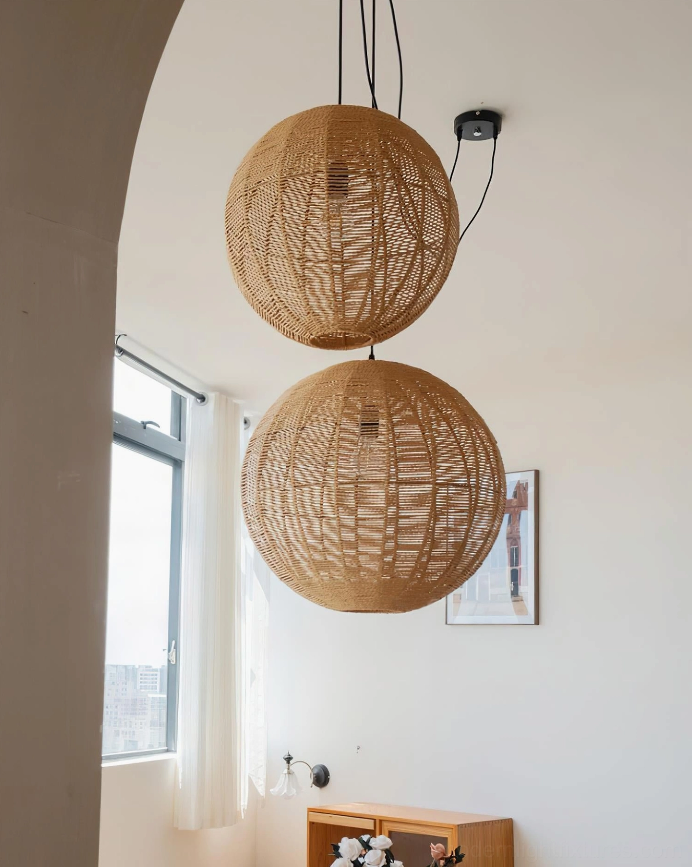 Contemporary bohemian pendant light in natural rattan showing design aesthetic
