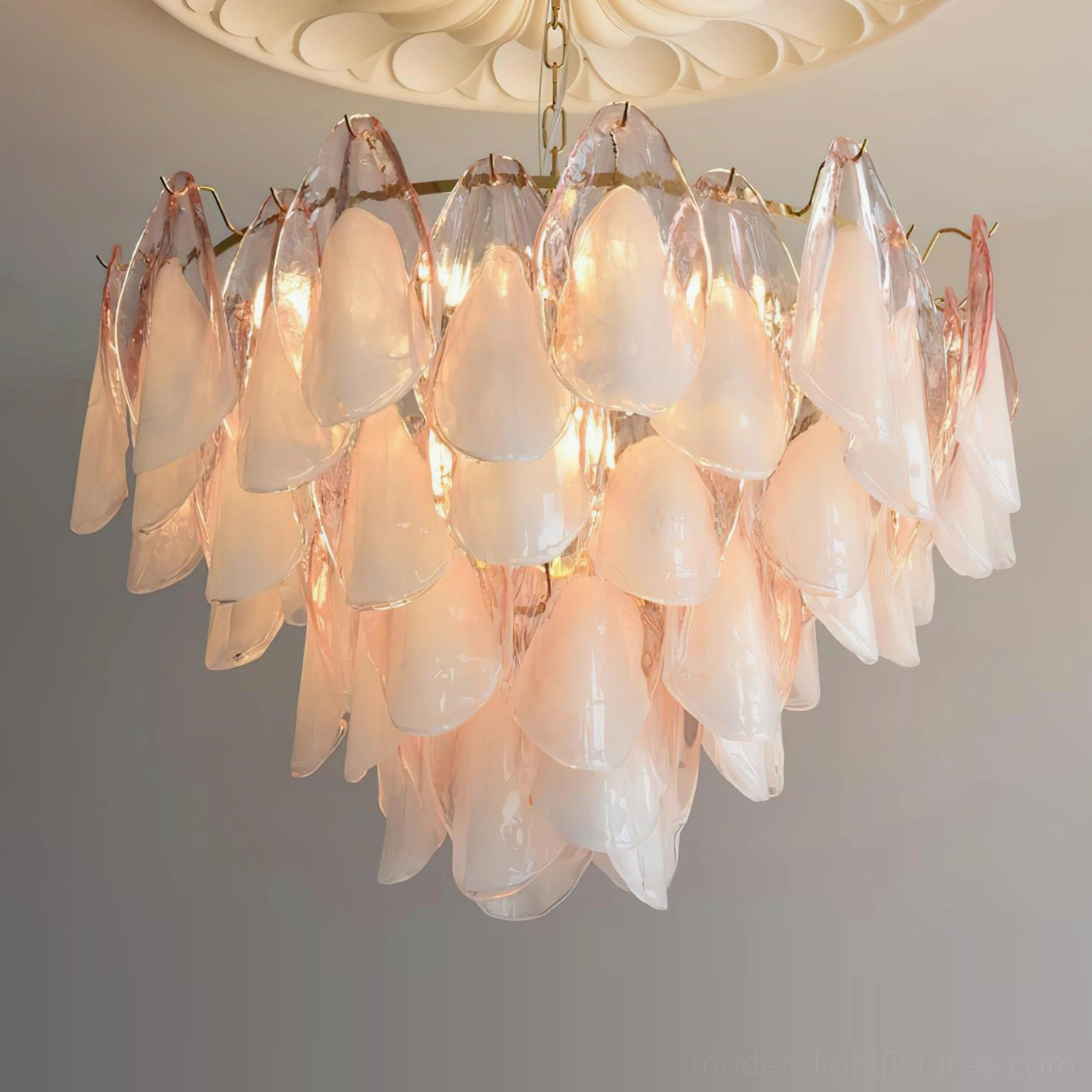 Contemporary botanical chandelier brass frame with hand-shaped glass petals arrangement