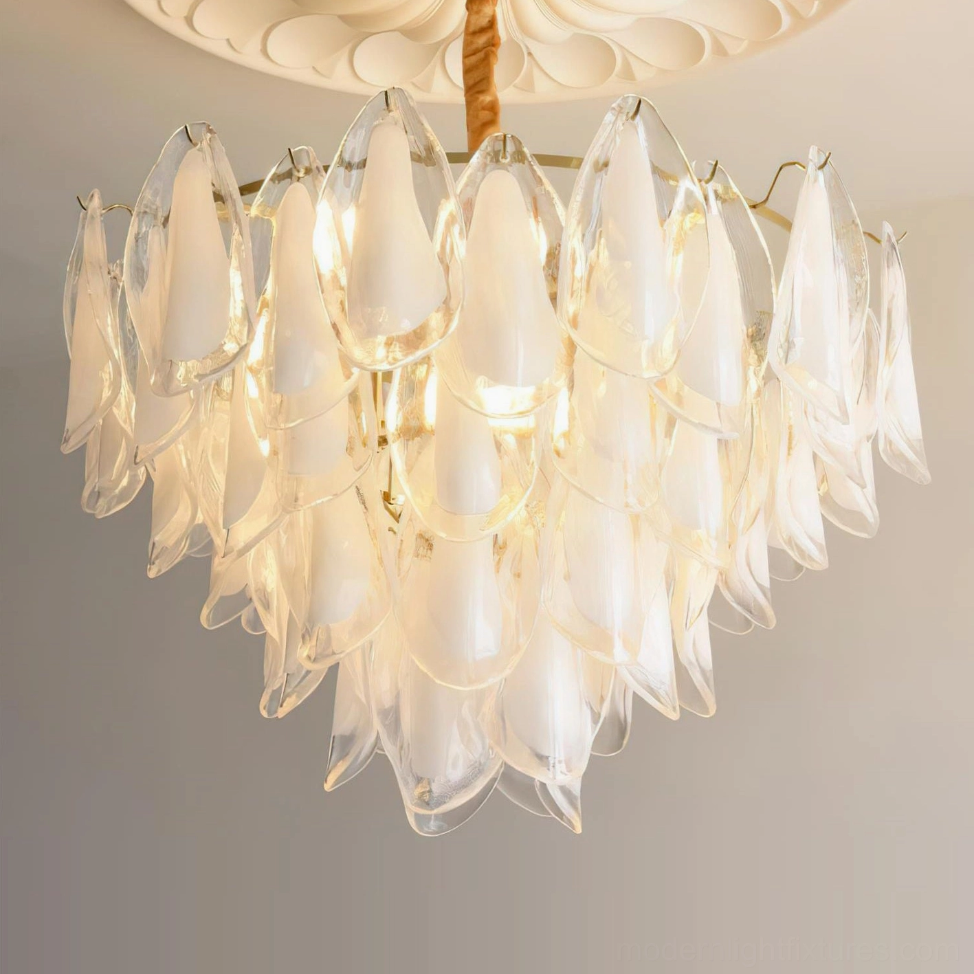 Contemporary botanical chandelier large format white and clear glass with sophisticated design
