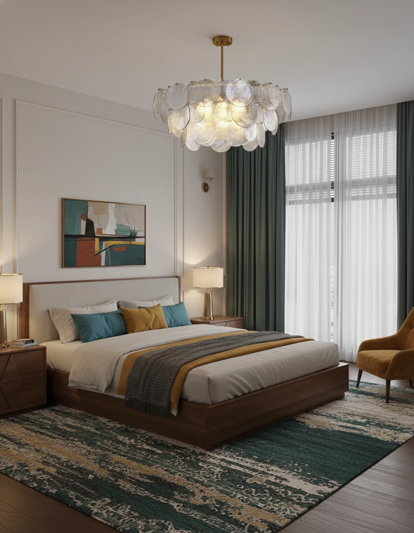 Modern luxury brass and glass disc chandelier fixture showing full pendant assembly and suspension