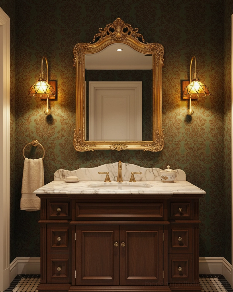 Contemporary wall sconce with clean brass materials and artistic stained glass diffuser
