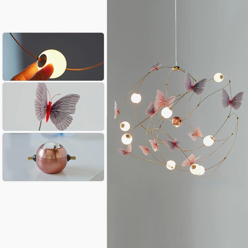 Contemporary butterfly chandelier with organic brass wire elements and warm glowing LED for sophisticated home lighting design