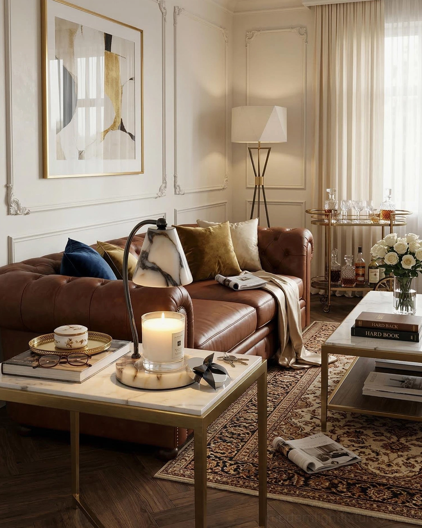 Modern table lamp warmer with marble base in formal living room with tufted leather sofa and gold metal accents